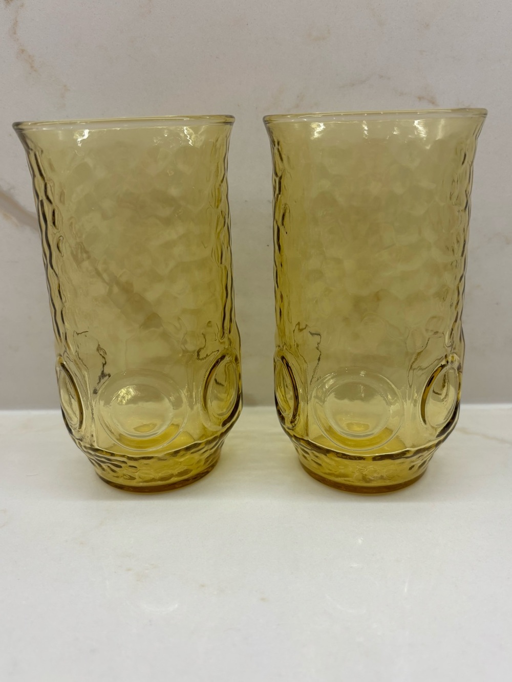 2 Vintage Anchor Hocking Honey Gold Amber Heritage Hill Tumbler Glasses Textured